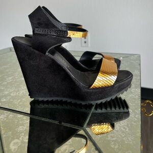 Pedro Garcia Black Suede Wedges Sandals with Gold Chainmail 36